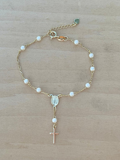 Pearl Rosary Bracelet 18K Gold Filled Figaro Bracelet