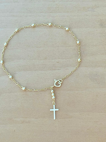 18k Gold Filled Beaded Dainty Bracelet with Cross Charm