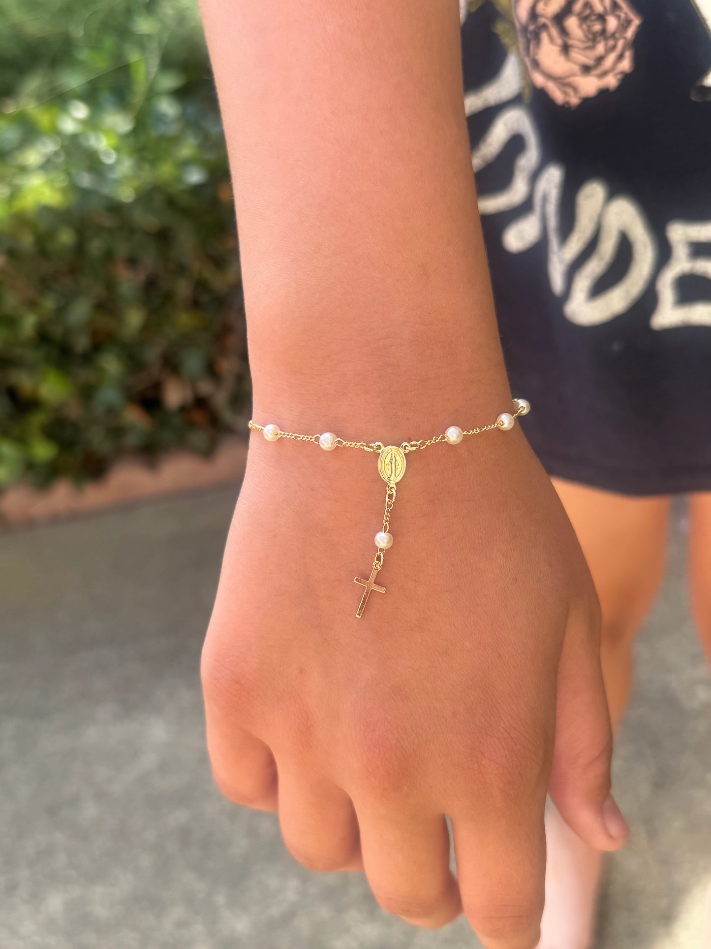 Pearl Rosary Bracelet 18K Gold Filled Figaro Bracelet