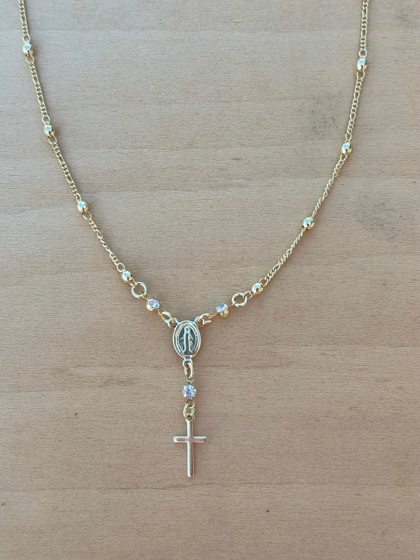 Gold Rosary Necklace 18k Gold Filled Rosary Ball Chain and Dainty Cross