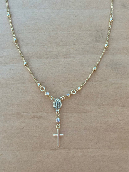 Gold Rosary Necklace 18k Gold Filled Rosary Ball Chain and Dainty Cross