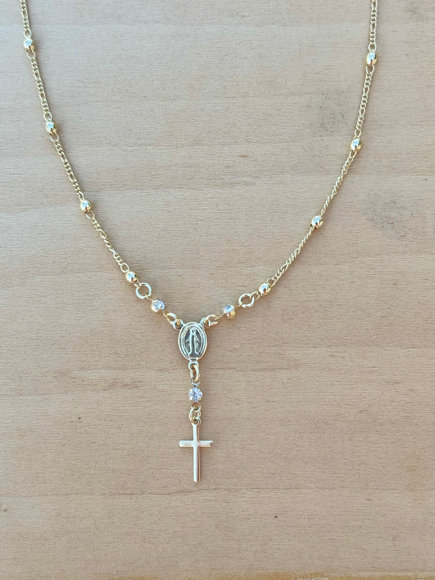 Gold Rosary Necklace 18k Gold Filled Rosary Ball Chain and Dainty Cross