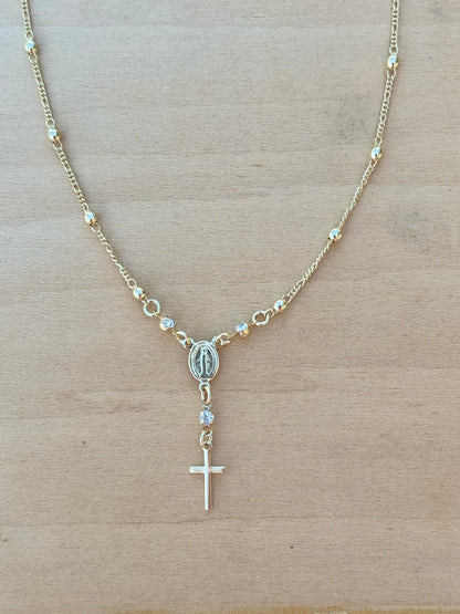 Gold Rosary Necklace 18k Gold Filled Rosary Ball Chain and Dainty Cross