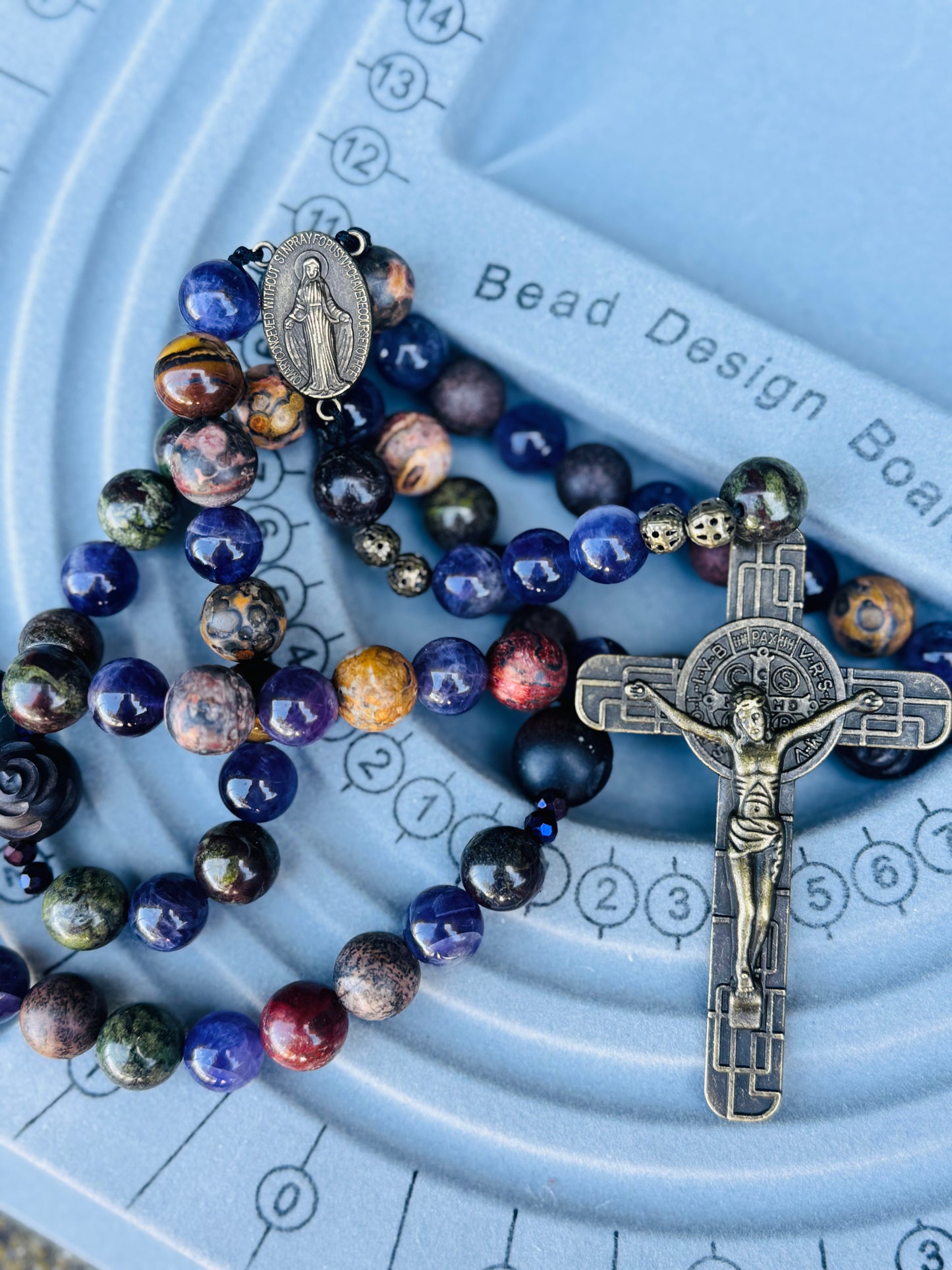 Grade AAA Natural Gemstone Rosary, Juju Wood Beads, Bronze Saint Benedict Crucifix Handmade in the USA