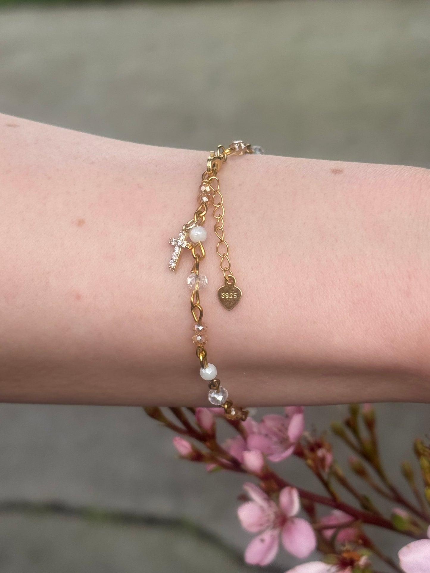 Aurora Borealis Beaded Cross Bracelet Gold Plated