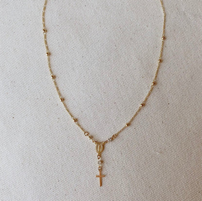 Gold Rosary Necklace 18k Gold Filled Rosary Ball Chain and Dainty Cross