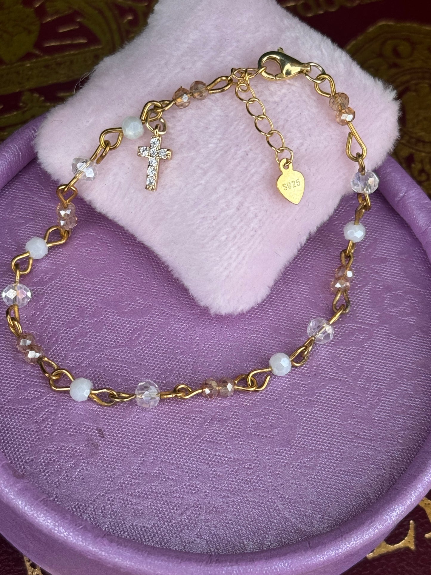 Aurora Borealis Beaded Cross Bracelet Gold Plated