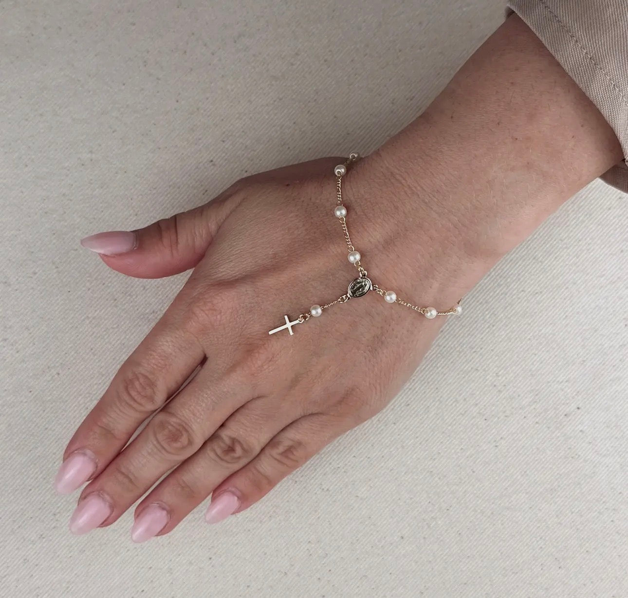 Pearl Rosary Bracelet 18K Gold Filled Figaro Bracelet