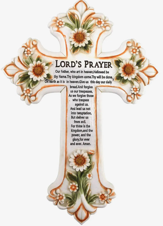 Lord's Prayer Wall Cross with Floral Design - Decorative Religious Home Decor Gift