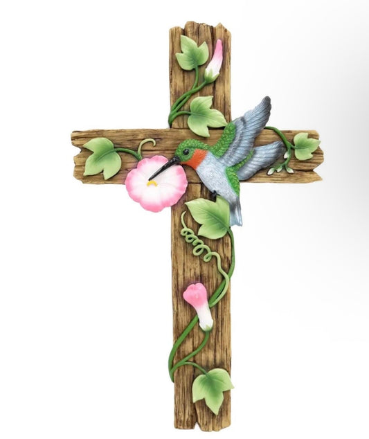 Hummingbird Summer Pink Floral Garden Religious Hanging Wall Cross