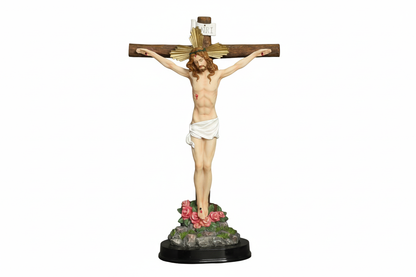 Standing Crucifix with Wooden Base Full Color