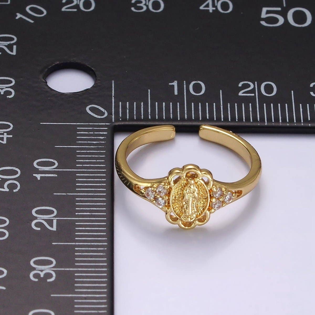 14K Gold Filled Triple CZ Mother Mary Lady Guadalupe Rounded Oval Ring