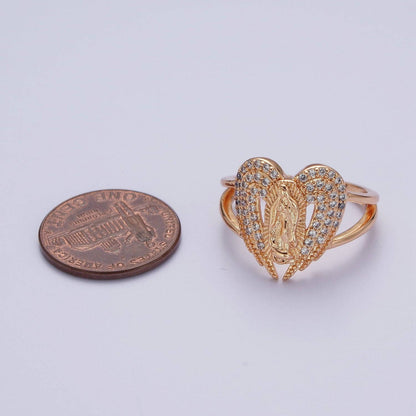 Micro Pave Gold Vintage Lady Guadalupe Ring with Angel Wing for Statement Religious Jewelry
