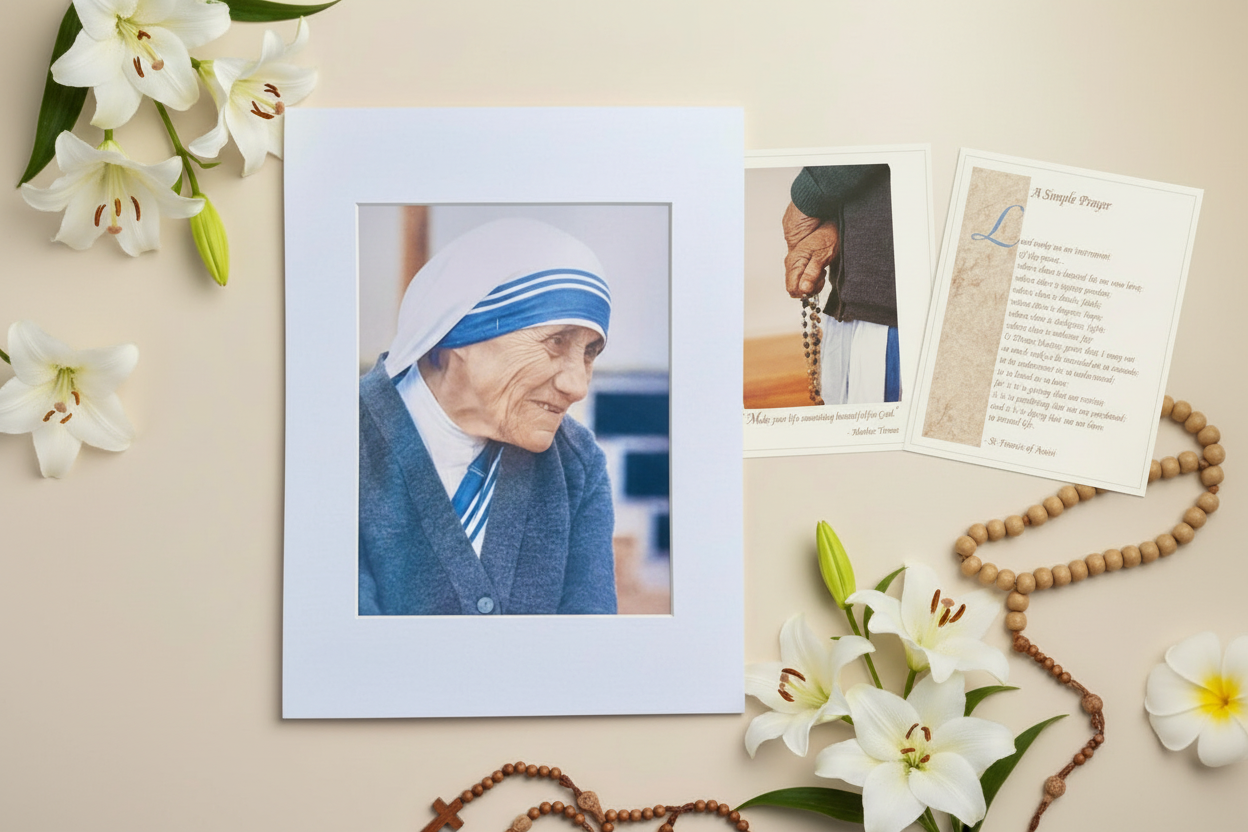 Combined Catholic gift products with floral background