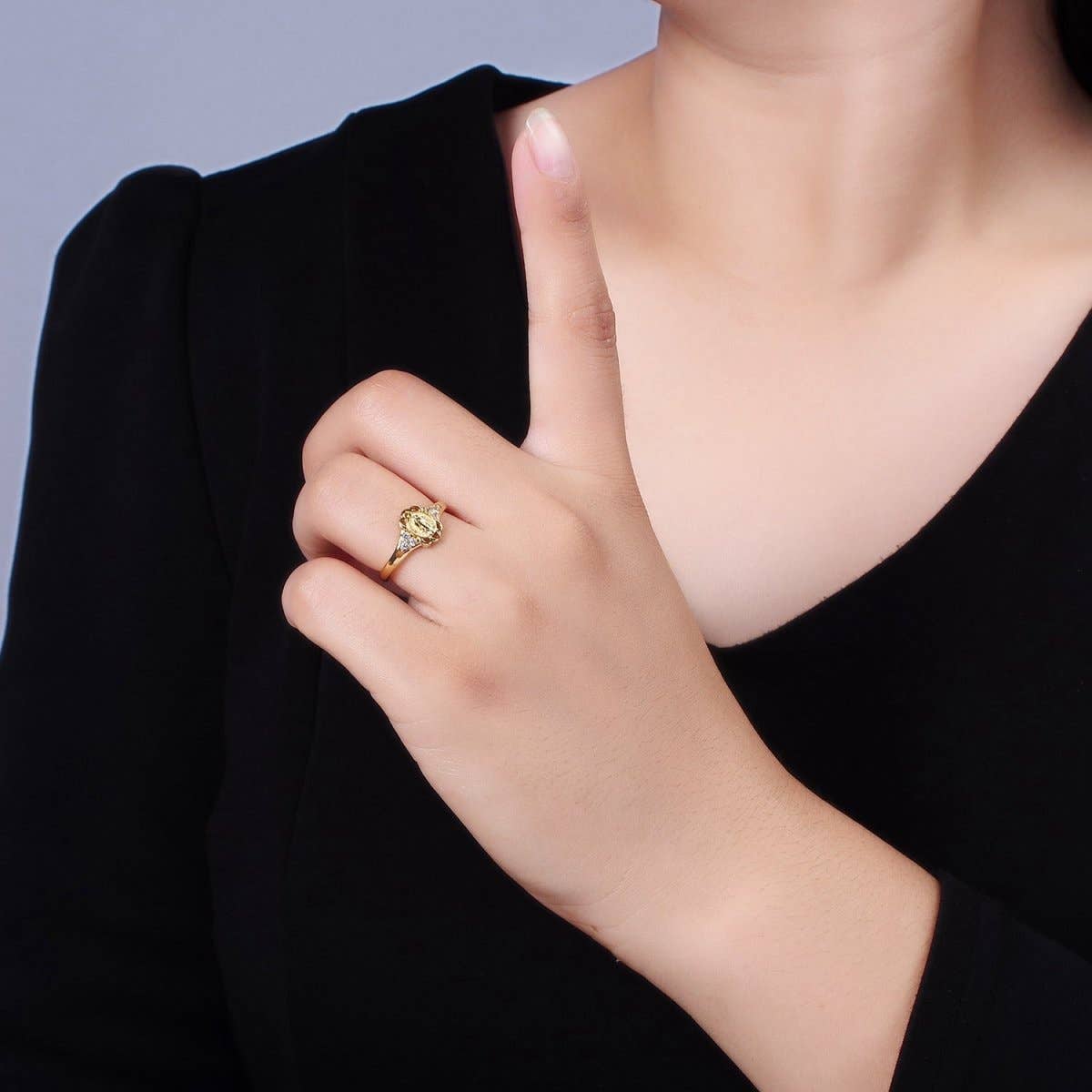14K Gold Filled Triple CZ Mother Mary Lady Guadalupe Rounded Oval Ring