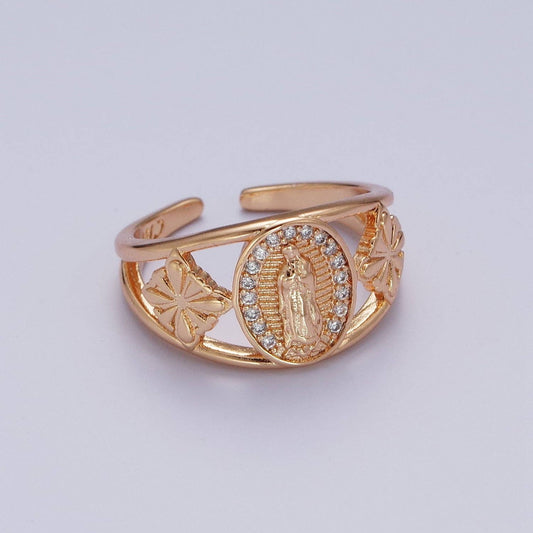 18K Gold Religious Micro Paved CZ Mother Virgin Mary Flowers