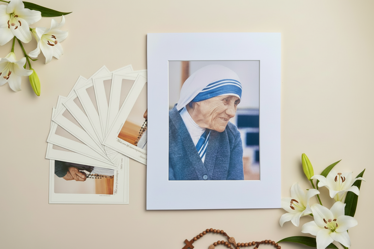 Mother Teresa portrait with 10 prayer cards and floral background