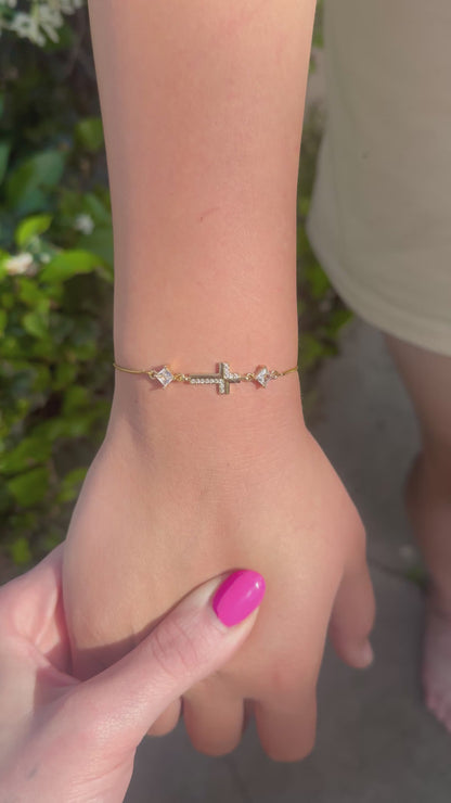 Cubic Zirconia Crystal Gold Plated Cross Bracelet paired with a 14KT Gold Snake Bolo Chain Made in The USA