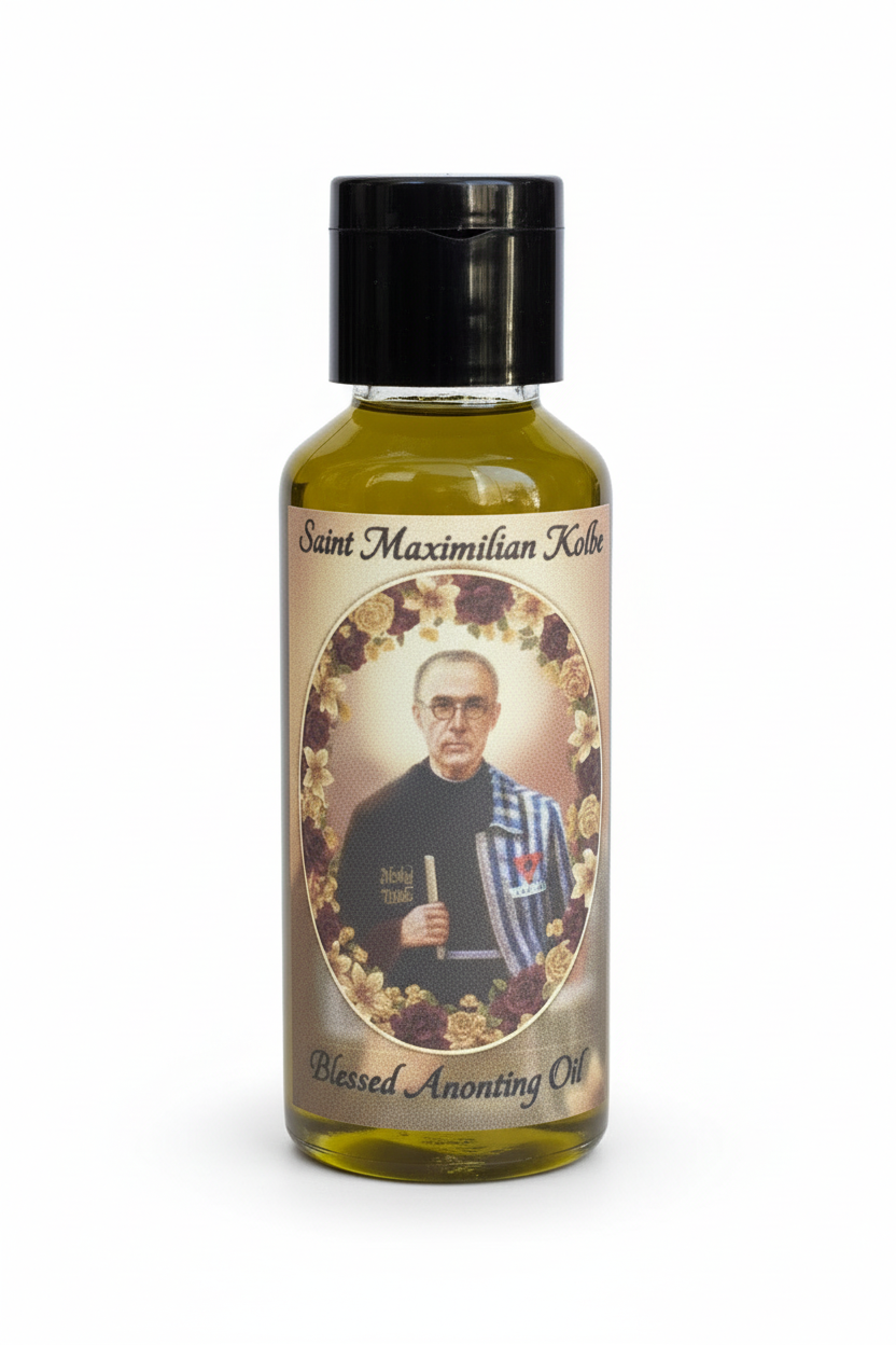 Saint Maximilian Kolbe Blessed Anointing Oil – White Background